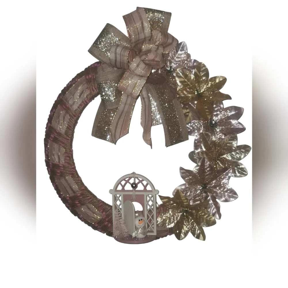 Pink and Gold Snowman Wreath Hand Crafted